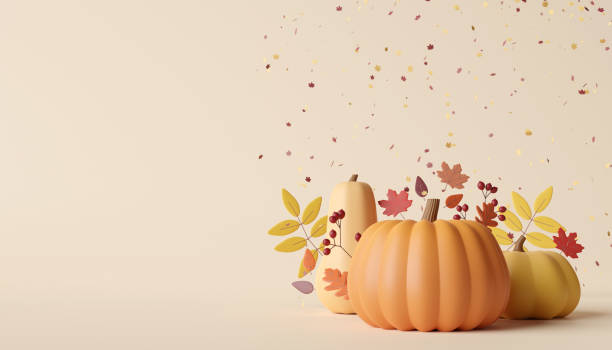 istock happy thanksgiving or autumn greeting 3d background with pumpkin, butternut squash, maple leaves or leaf illustration for Thanksgiving autumn background. 3d illustration 1483277434