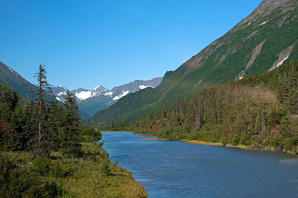 istock Blue water valley cuts through green mountains with snow patches. 148327857