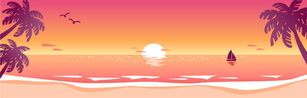 ヤシの木と夕焼けのビーチの風景 - standing water illustrations点のイラスト素材／クリップアート素材／マンガ素材／アイコン素材