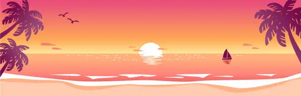 Vector illustration of Sunset beach landscape with palm trees