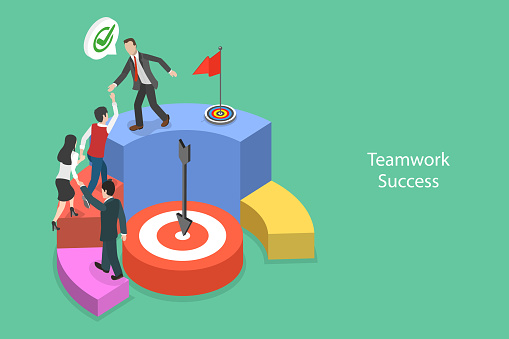 3D Isometric Flat Vector Conceptual Illustration of Teamwork Success, Leadership and Achieving Goal