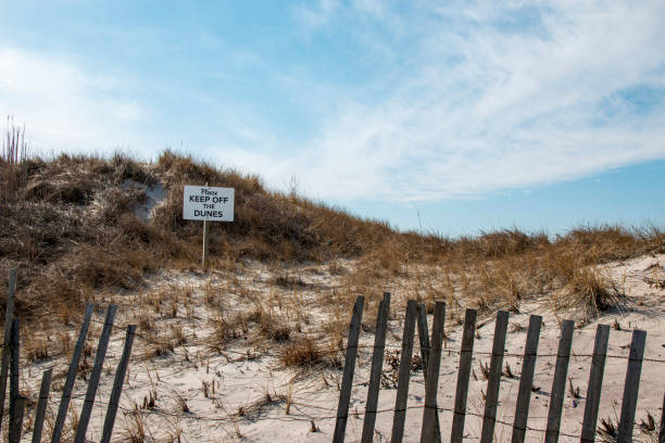 Keep off the dunes sign posted behind a picket fence in the sand dunes on Fire Island.
