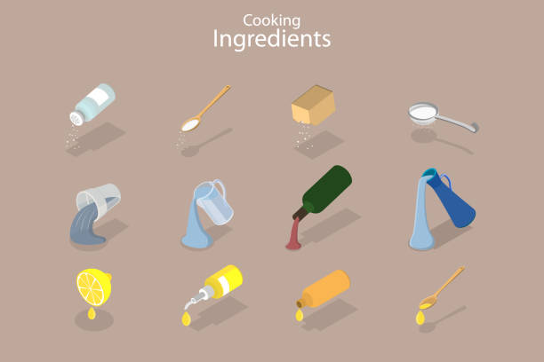ilustraciones, imágenes clip art, dibujos animados e iconos de stock de ilustración conceptual de vector plano isométrico 3d de ingredientes de cocción - sugar spoon salt teaspoon