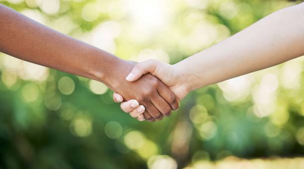 istock Handshake, meeting and people shaking hands for success collaboration, teamwork and partnership at outdoor park. Diversity, nature or thank you for onboarding, welcome and support or trust in deal. 1483280687