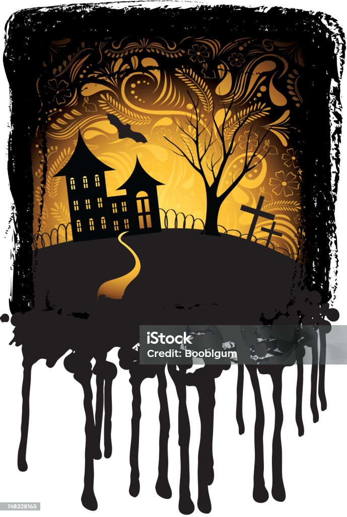 Halloween background Halloween background with pumpkin, night bat, tree and house in frame with splash Back Lit stock vector