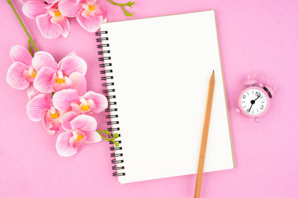 Blank open notebook and clock with pink color orchid for your text or message.