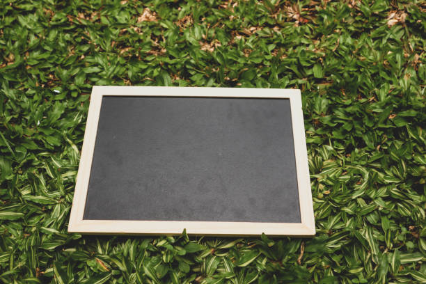 istock A small black blackboard with a wooden frame sits on the green grass. 1483282906