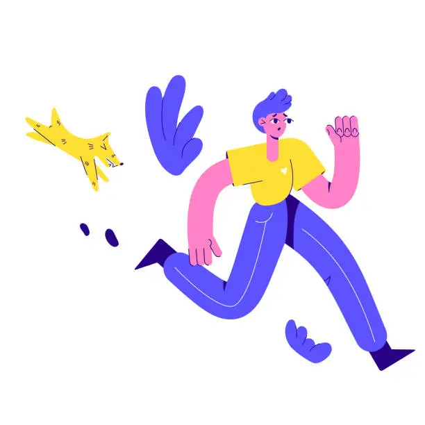 Vector illustration of Man running away from the aggressive dog