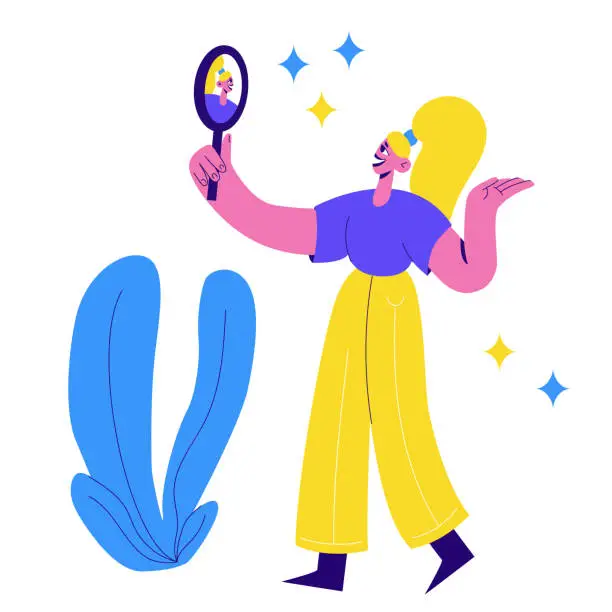 Vector illustration of Woman staring at her happy reflection in a mirror.