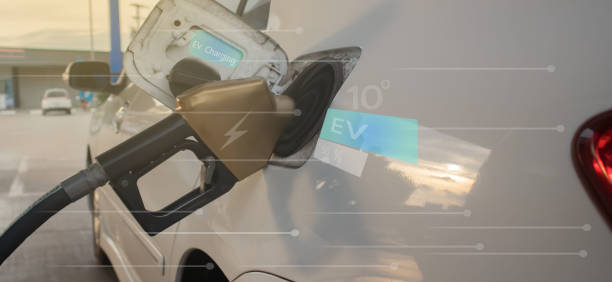 istock Pump plug-in charging cable, electric vehicle, EV, vehicle with modern technology, UI control, information display, filling station, car plug-in, sustainable alternative, eco-energy. 1483283349