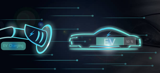 istock Pump plug-in charging cable, electric vehicle, EV, vehicle with modern technology, UI control, information display, filling station, car plug-in, sustainable alternative, eco-energy. 1483283364