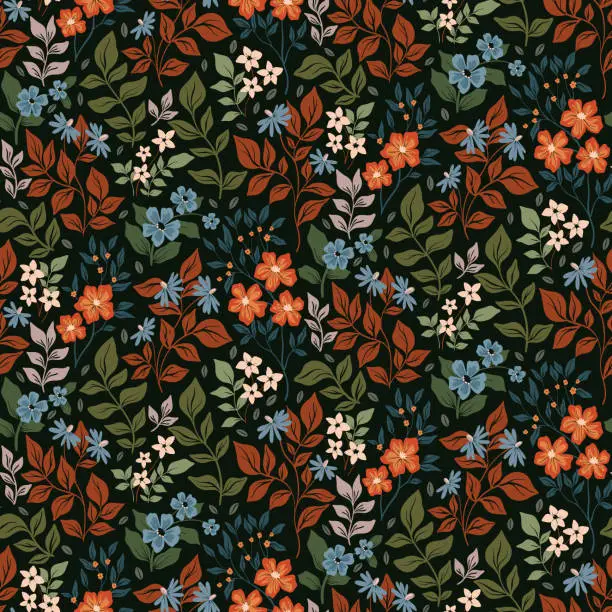Vector illustration of Seamless floral pattern with decorative art garden: small flowers, leaves, herbs, autumn botany on a dark background. Vector.