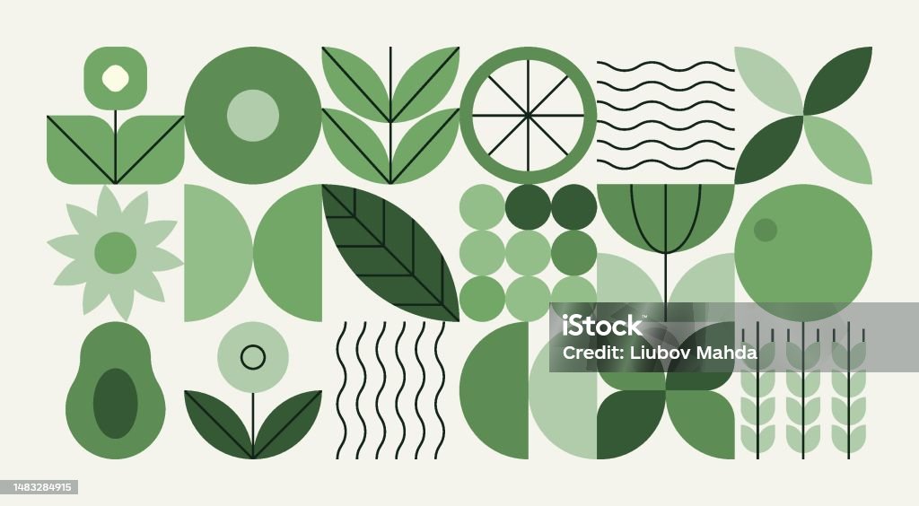 Patrón natural geométrico. Planta abstracta de hoja de fruta de forma simple, concepto mínimo de agricultura ecológica floral. Banner vectorial - arte vectorial de Hoja libre de derechos Patrón natural geométrico. Planta abstracta de hoja de fruta de forma simple, concepto mínimo de agricultura ecológica floral. Banner vectorial - arte vectorial de Hoja libre de derechos