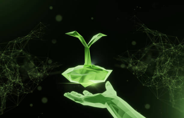 istock concept of Eco hand holding eco green tree polygon on isolated black background. low poly tree 3d render illustration 1483285837