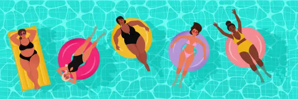 Vector illustration of Different Women in swimsuits on an inflatable circle, people in the pool. Vector illustration in flat style
