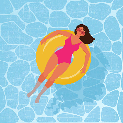 Woman in a swimsuit on an inflatable circle in the pool. Flat Vector illustration