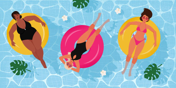 ilustrações, clipart, desenhos animados e ícones de mulheres em trajes de banho em um círculo inflável na piscina. ilustração vetorial em estilo plano - fun tourist resort beach group of people