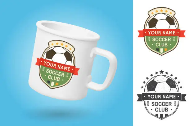 Vector illustration of White camping cup. Realistic mug mockup template with sample design. Soccer sport club patch design. Vector illustration. For soccer club sign, patch with soccer ball silhouettes.