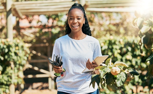 Black woman, tablet and portrait smile for agriculture, eco friendly or sustainability at farm. Happy African American female with touchscreen and garden tools for sustainable countryside farming
