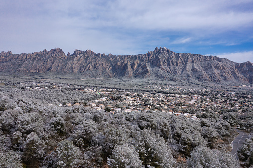 Aerial view of Montserrat mountain on a snowy winter day, in Catalonia, Spain.