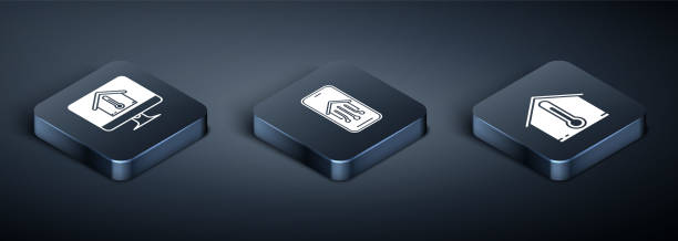 istock Set Isometric Computer monitor with house temperature, House temperature and Mobile phone with smart home icon. Vector 1483289795