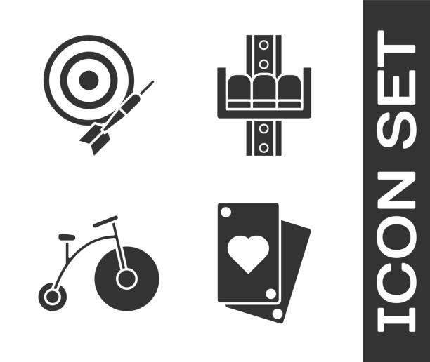 zestaw karta do gry, klasyczna tarcza do gry w rzutki i strzała, rower vintage z jednym dużym kołem i jedną małą ikoną karuzeli atrakcji. wektor - silhouette poker computer icon symbol stock illustrations