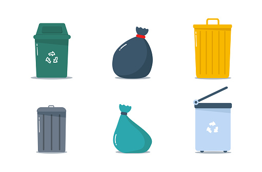 Flat illustration of street and indoor trash cans. Metal and plastic waste containers. Colorful wastebaskets and bag vector set. Waste bin with pedal and swivel top. Metal bucket with a lid.
