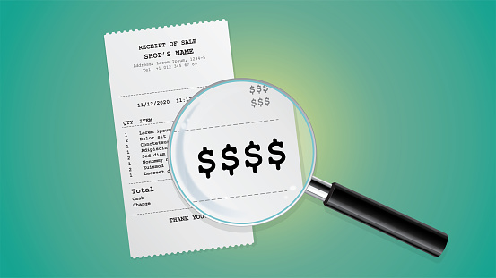 A magnifying glass examines a very expensive invoice amount. Inflation theme vector illustration.