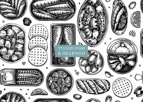 Seafood background. Hand-drawn tinned fish seamless pattern. Sardines, anchovy, mackerel, tuna, mussels in tin cans, fish canapes, olives, crackers vector sketches. For packaging, print, textile