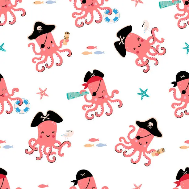 Vector illustration of Cartoon octopus seamless pattern. Pirates print, cute underwater animal doodle graphic. Boy girl fabric template, nowaday nursery vector background