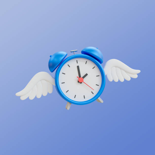istock 3d minimal time reminder. schedule alert. time flies. an alarm clock with a wing. 3d illustration. 1483293631