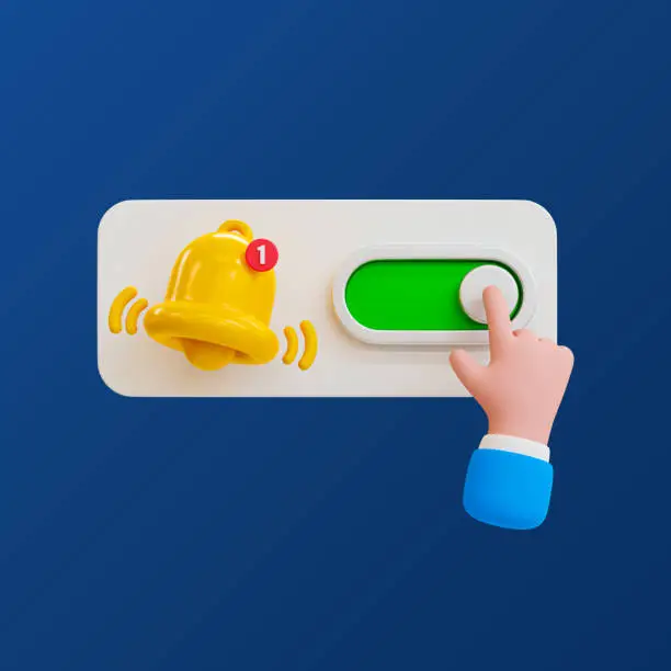 3d minimal turn-on notification concept. new update reminder. new notification alert. cartoon hand with a bell icon and switch toggle icon. 3d illustration. clipping path included.