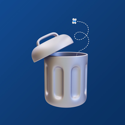 3d minimal empty trash can. silver metal trash can with a fly. 3d illustration. clipping path included.