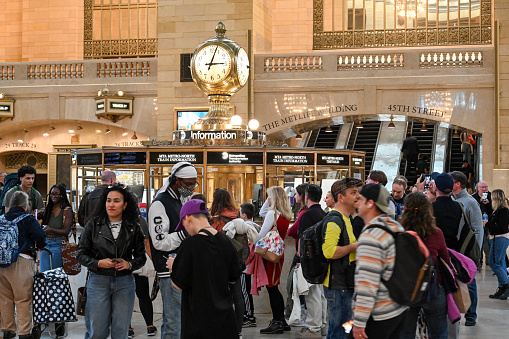 New York City, United States, 6 . April 2023 - Information desk in Grand Central Terminal with golden clock