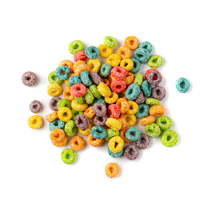 Colorful Breakfast Rings Pile Isolated. Fruit Loops, Fruity Cereal Rings, Colorful Corn Cereals on White Background