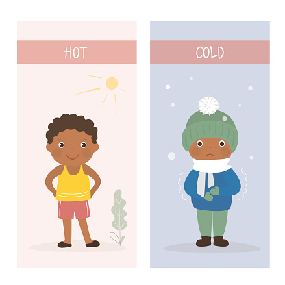 Opposite adjectives explanation cards, HOT and COLD. Word card for language learning. Funny kid boys in summer and winter clothes. Flashcard with antonyms for children, template. vector illustration