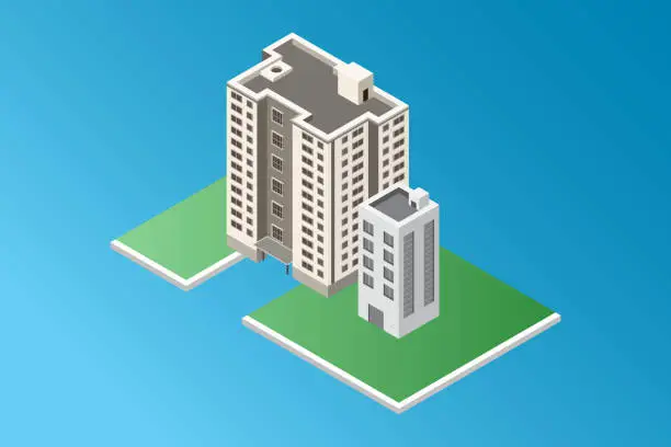 Vector illustration of isometric commercial building smart modern city residential vector illustration on blue gradient