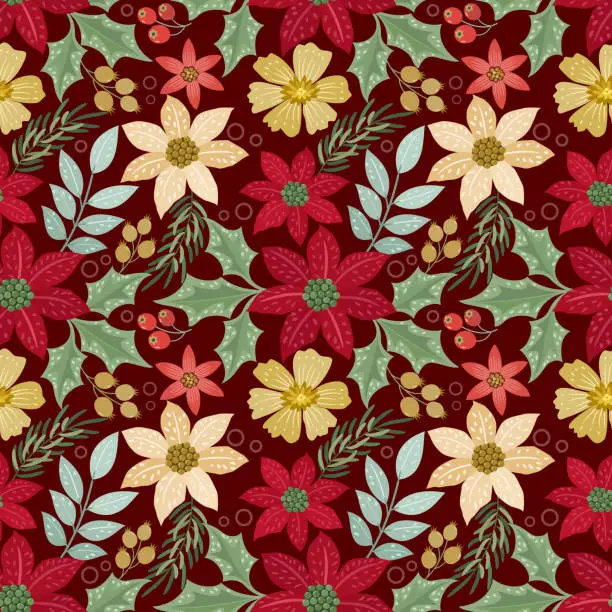 Vector illustration of Christmas flowers with green leaf seamless pattern.