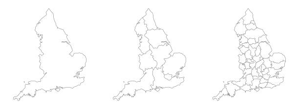 England map England map set of white-black outline and administrations regions map modern map north east england uk stock illustrations