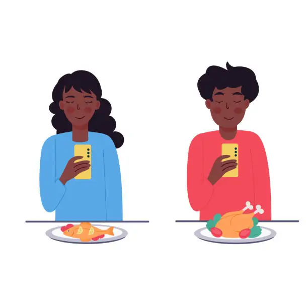 Vector illustration of African-American man and woman taking photos of food