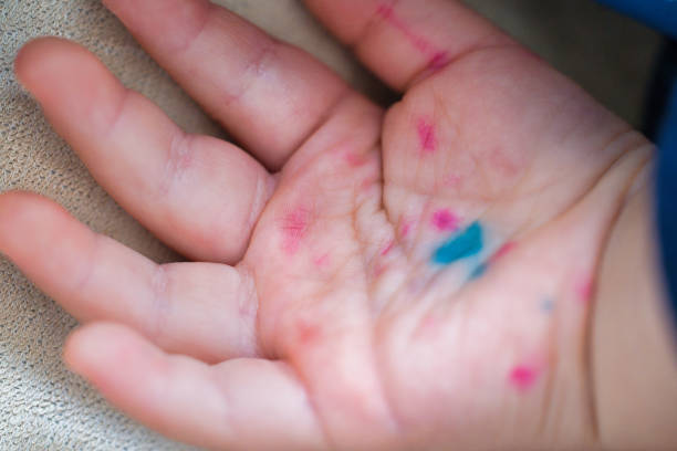 Close up view of used blue rag with handprint used to clean at home.