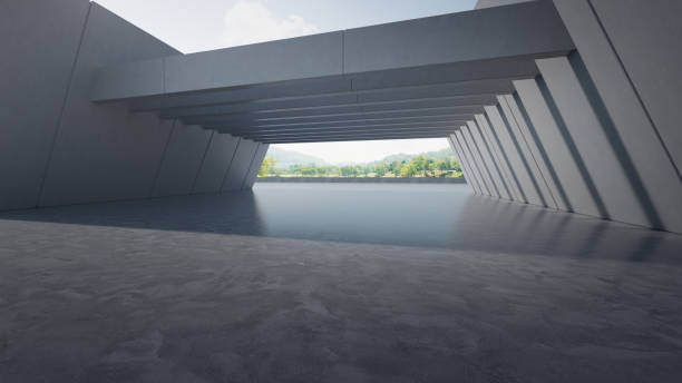 istock Abstract architecture design of modern building. Empty parking area floor and concrete wall with mountain and blue sky view. 1483304833