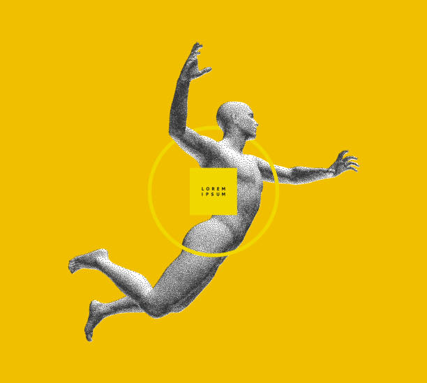 istock Leadership, freedom or development concept. Jumping man. 3D human body model. Design for sport. Vector illustration composed of particles. 1483305540