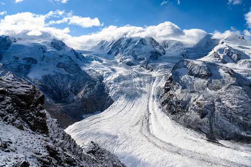 A great grand beautiful glacier. The Gorner Glacier of Zermatt is the second largest glacier in the Alps. A famous place of Switzerland that many tourists come to visit and ski.