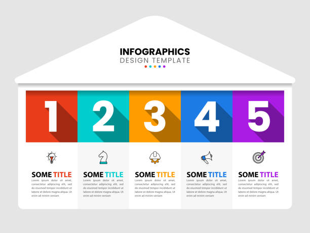 ilustraciones, imágenes clip art, dibujos animados e iconos de stock de plantilla de infografía. casa con 5 escalones y espacio para texto - house numbering