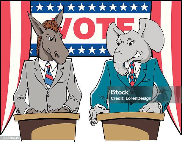 Мультяшный Donkey И Слон Прения — стоковая векторная графика и другие изображения на тему Векторная графика - Векторная графика, Выборы, Голосование