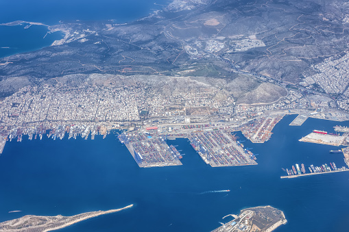 Aerial view of the industrial container ship harbour in Perama, Athens, Greece