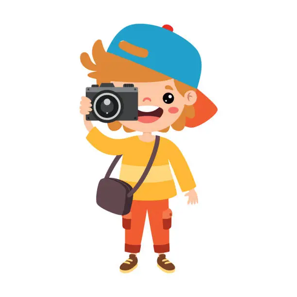 Vector illustration of Little Cartoon Kid Taking Photo