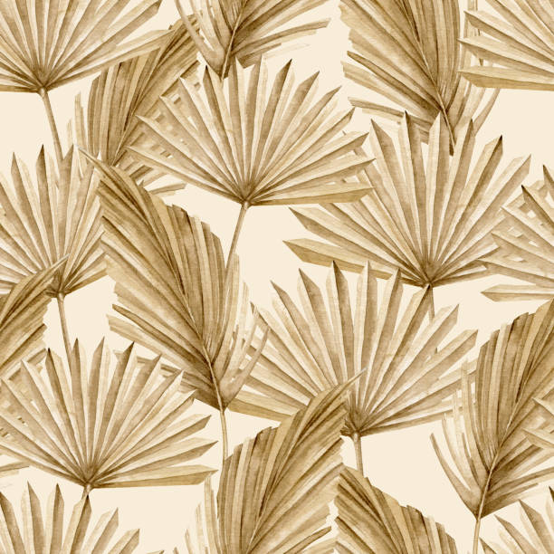 istock Palm Leaves Pattern. Seamless background with dry tropical plants in Boho style. Hand drawn watercolor bohemian illustration on beige backdrop for wallpaper or textile design. Ornament for print 1483310966
