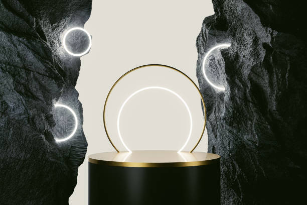 istock 3d presentation pedestal between rocks with neon lights 1483312024